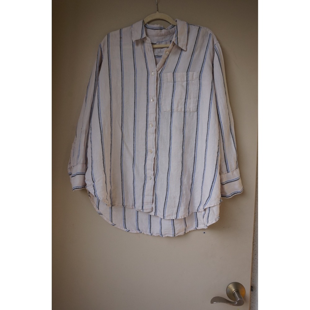 M&S Pure Linen‎ Striped Button Down Shirt Coastal Relaxed Calico Mix Size 12/16